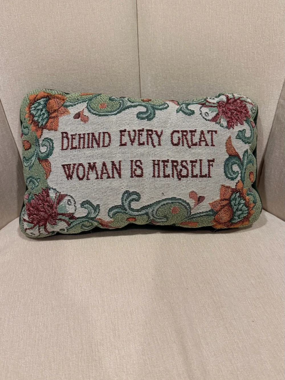 Needlepoint Style Tapestry Accent Pillow “Behind Every Great Woman Is Herself”